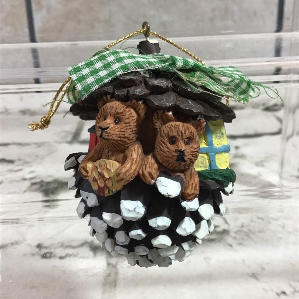 Vintage Christmas Ornament Resin Pinecone Bears Presents Ribbon